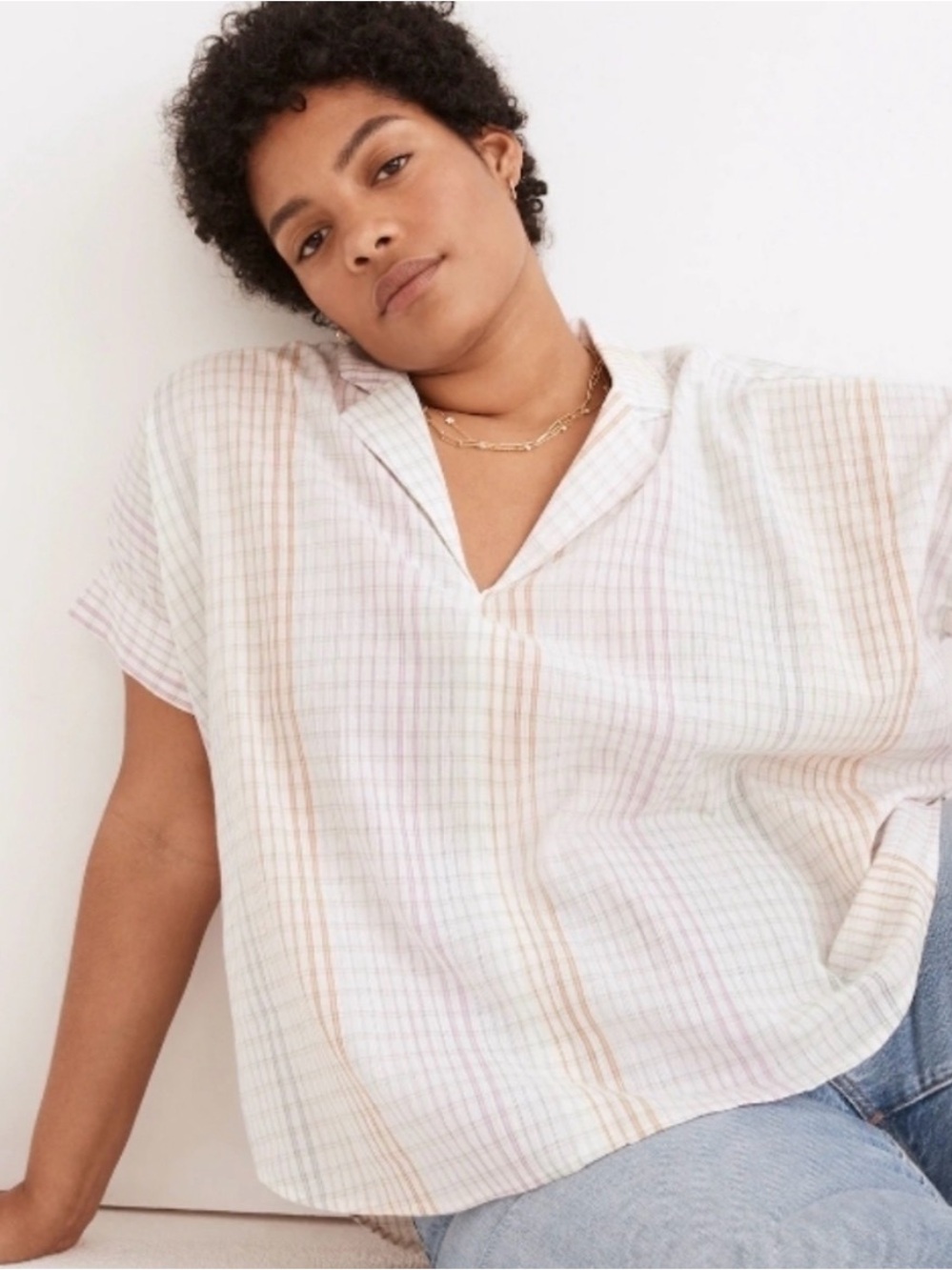 Madewell Lakeline Plaid Popover Pastel Multi-Stripe V-Neck Short-Sleeve